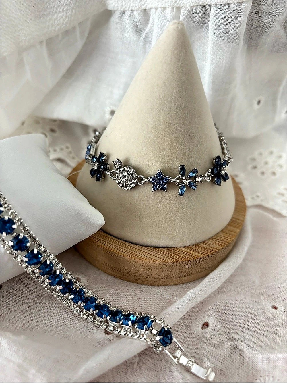 Blue Floral Rhinestone Bracelet Set.
